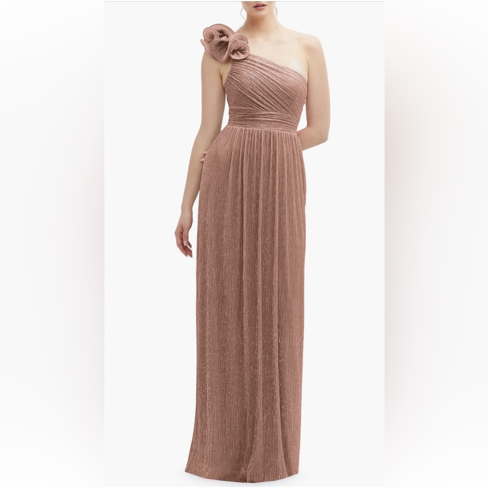NWT After Six Ruffle One-Shoulder Metallic Column Gown in Sienna Metallic XS